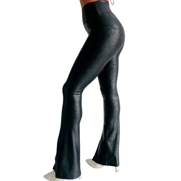 Black Faux Leather Look High Waist Flare Split Hem Leggings Pants Size M NWT - Picture 3 of 10